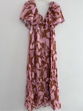 Flutter Sleeve Pink & Brown Floral Maxi Dress